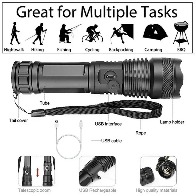 고출력 XHP70 LED 손전등 USB-C 충전식 토치 - Outdoor Lighting Quality 리뷰 및 가격